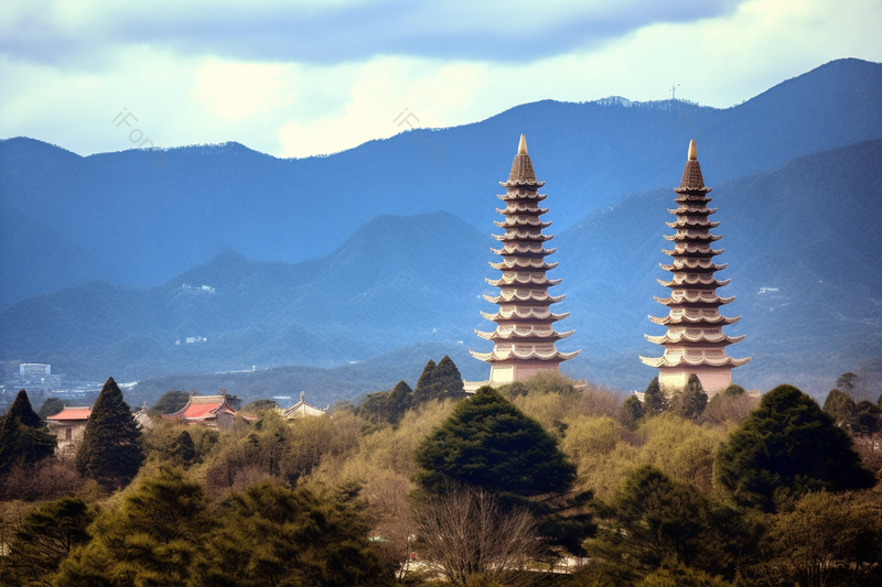 蓝天白云下旷野外山林山峰与两座宝塔,高清,摄影图,摄影图片,图片大全,摄影图免费下载